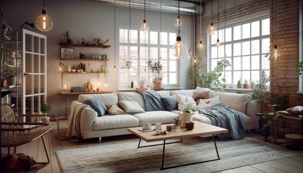 Interior design of living room with brick wall. Created with generative Ai technology.