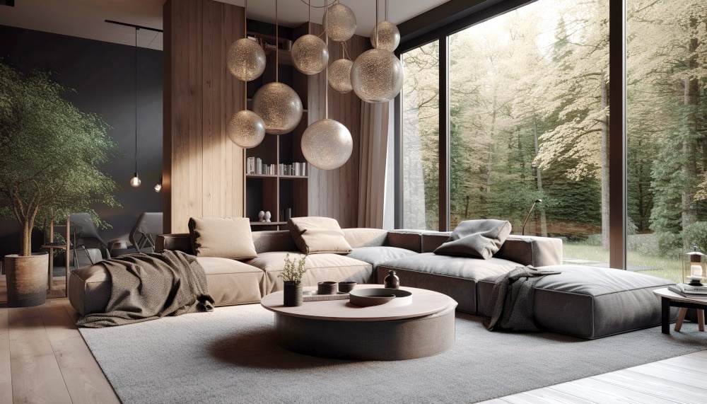 Luxury interior of modern villa in forest.Home design. Created with generative Ai technology.