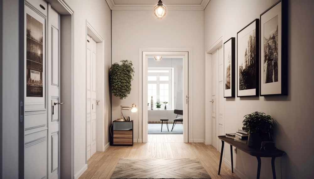 Interior of scandinavian entrance hall with doors. Created with generative Ai technology.