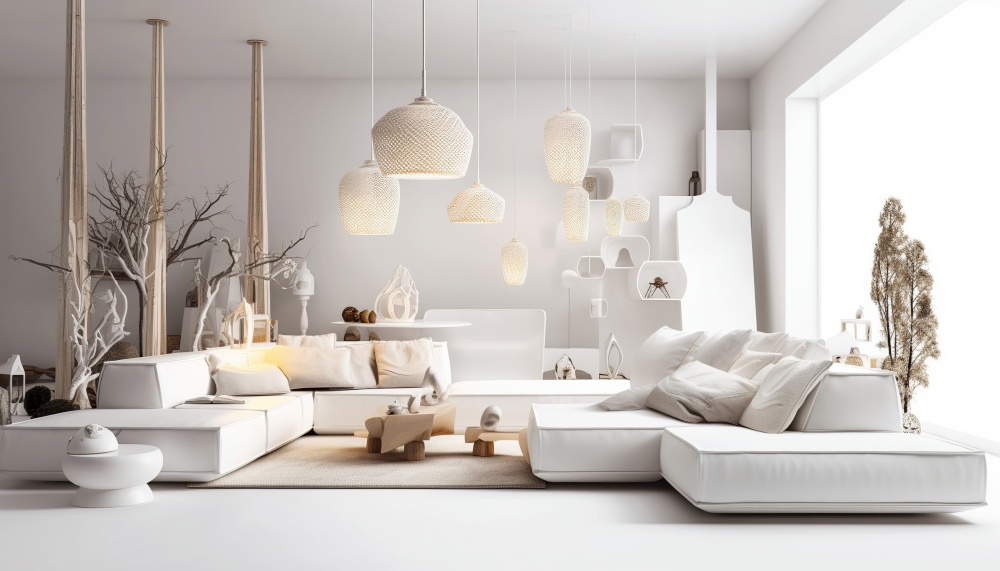 Rustic interior design of white living room. Created with generative Ai technology.