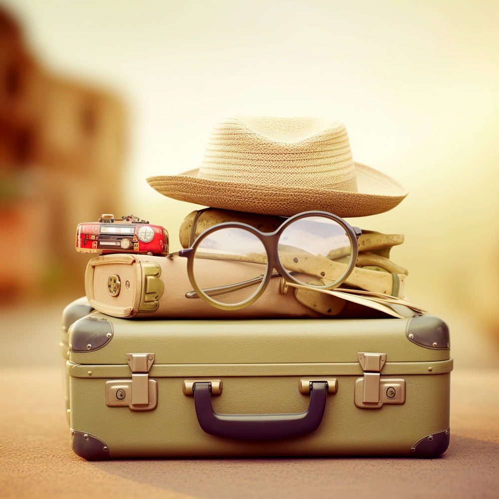 Vintage suitcase, sunglasses, hat and blur background. Tourism, beach, vacation travel destination concept. Created with generative Ai technology.
