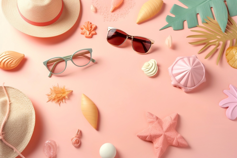 Summer accessories on pink background. Beach vacation concept. Created with generative Ai technology.