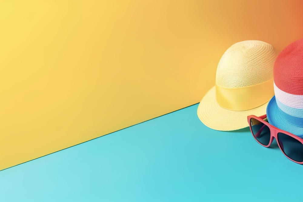 Beautiful summer straw hats and sunglasses. Yellow and blue summer vacation background. Created with generative Ai technology.