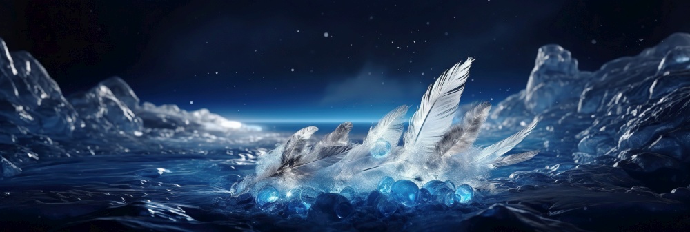 Beautiful night scene background, white and soft feathers on the blue ice. Created with generative Ai technology.