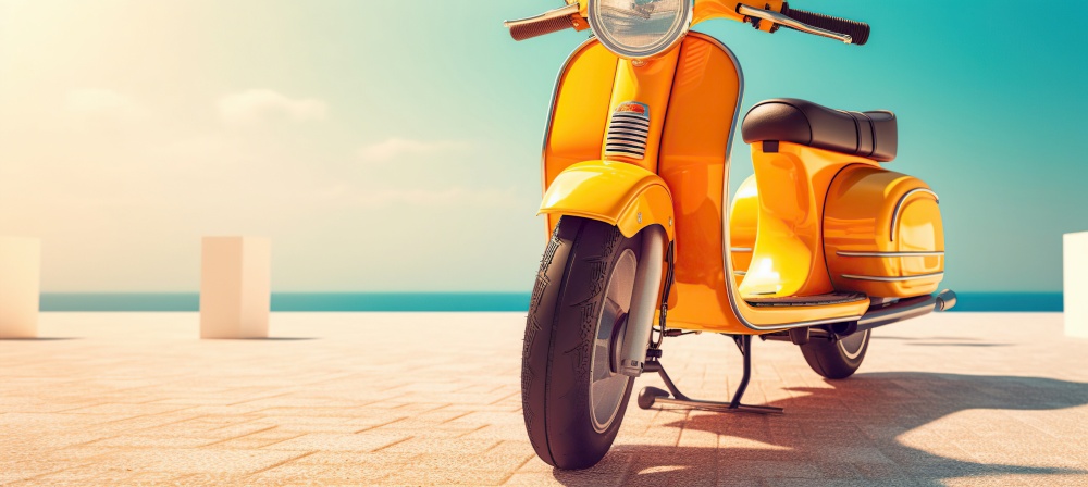 Vivid yellow scooter on beach promenade. Vibrant summer background. Created with generative Ai technology.