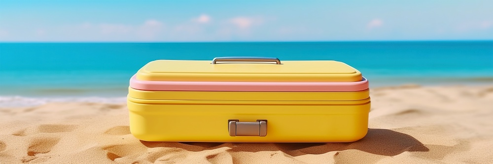 Yellow suitcase on sand. Beach vacation concept background. Created with generative Ai technology.