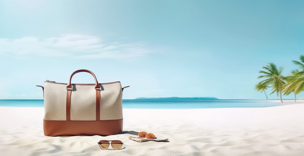 Leather bag on sand beach. Summer vacation concept background. Created with generative Ai technology.