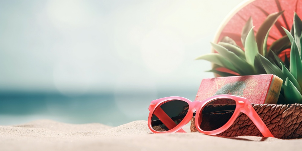 Red sunglasses on sand beach. Summer vacation concept. Created with generative Ai technology.