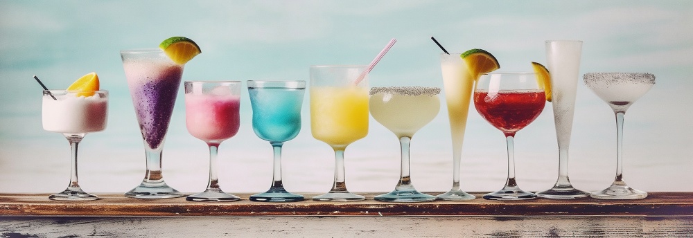 Glasses with tasty cocktails on wooden board near sea. Summer vacation concept. Created with generative Ai technology.