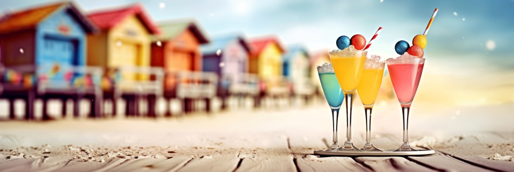 Tasty cocktails on beach boardwalk against colorful beach huts. Summer vacation concept. Created with generative Ai technology.