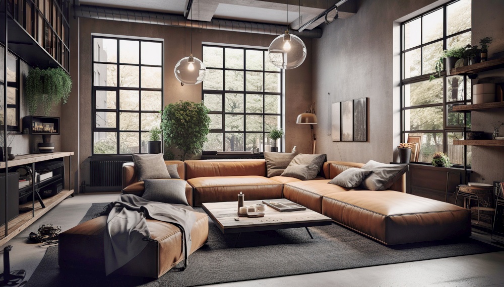 Brown leather sofa. Interior design of loft living room. Created with generative AI technology.
