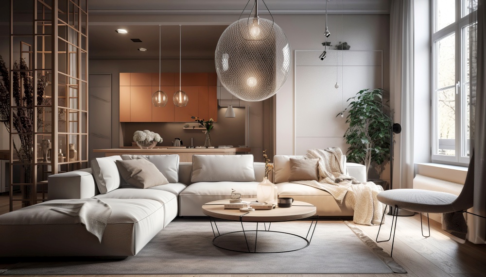 White modular corner sofa in apartment. Interior design of modern living room. Created with generative AI technology.