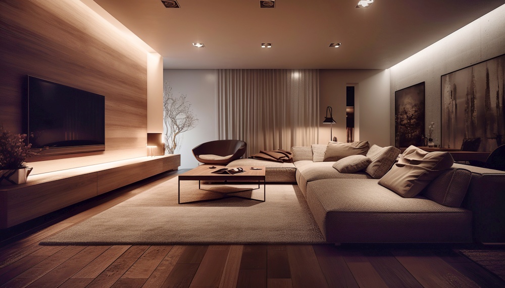 Night luxury hotel room interior. Amazing living room. Created with generative AI technology.