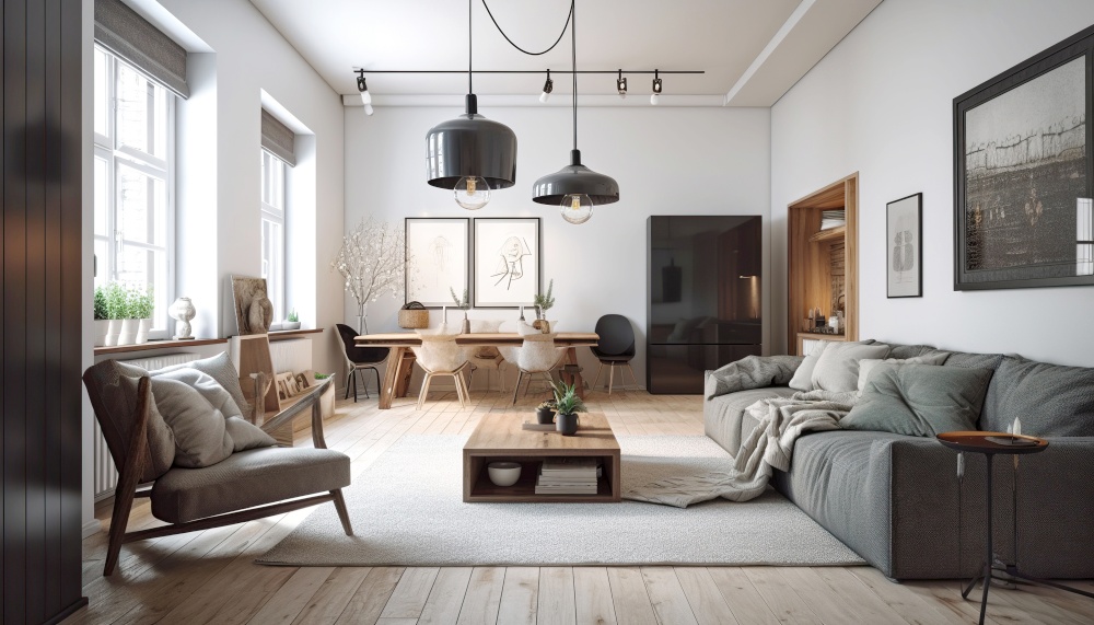 Scandinavian interior design of living room with gray sofa. Created with generative AI technology.