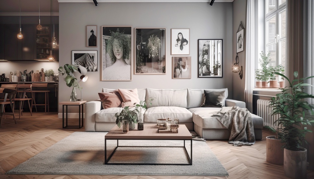 Scandinavian studio apartment. Interior design of living room. Created with generative AI technology.