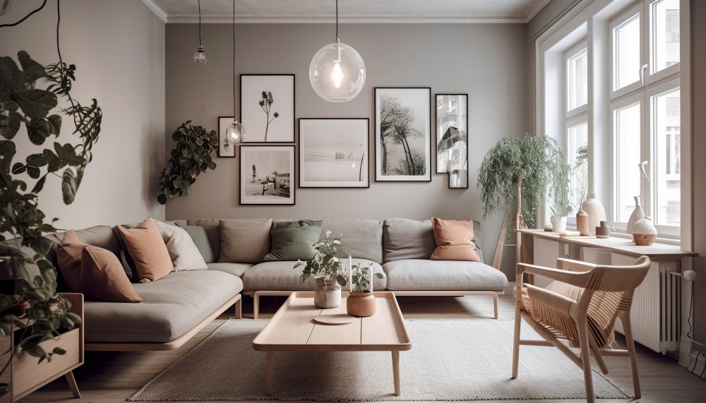 Scandinavian interior design of modern living room. Created with generative AI technology.