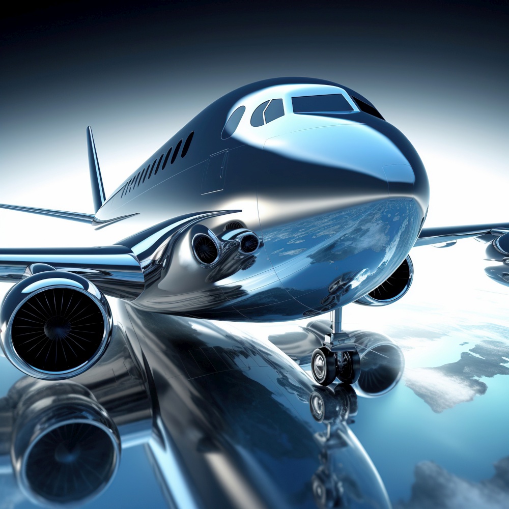 Business private jet on blue background. Created with generative Ai technology.