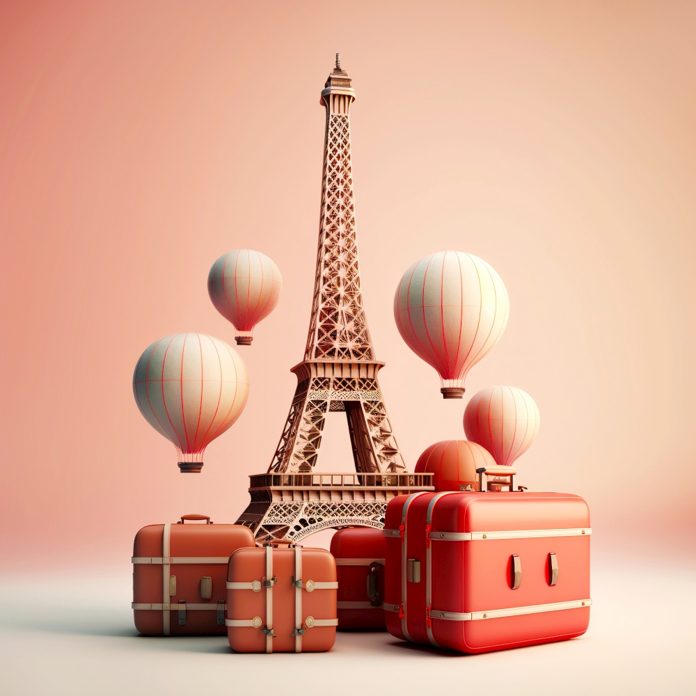 Vintage suitcases and air balloons near Eifel tower, travel to Paris concept. Created with generative AI technology.