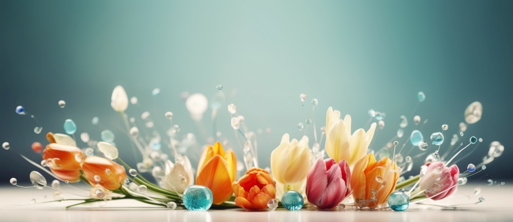 Tulips flowers with water drops on blue backdrop. Floristic decoration. Natural floral background. Created with generative Ai technology.