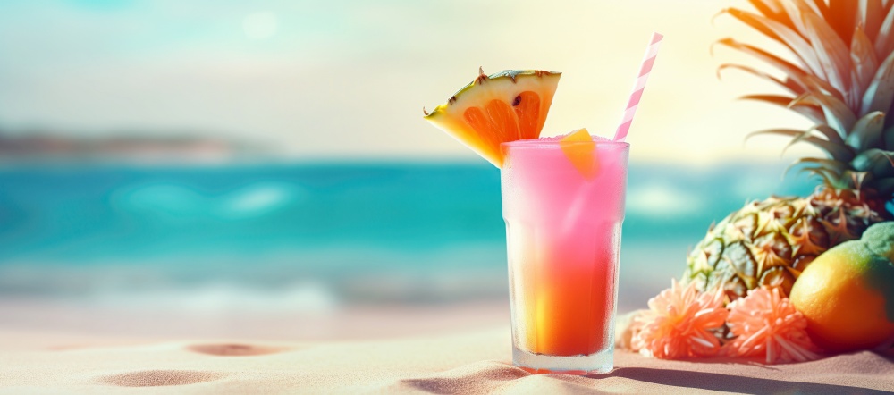 Glass with cold cocktail with pineapple on the beach. Summer vacation concept. Created with generative Ai technology.