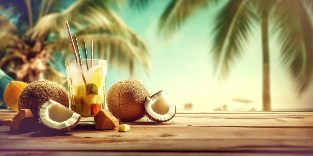 Glass with cocktail and coconuts on the beach against palm leaves and sky. Summer vacation concept. Created with generative Ai technology.