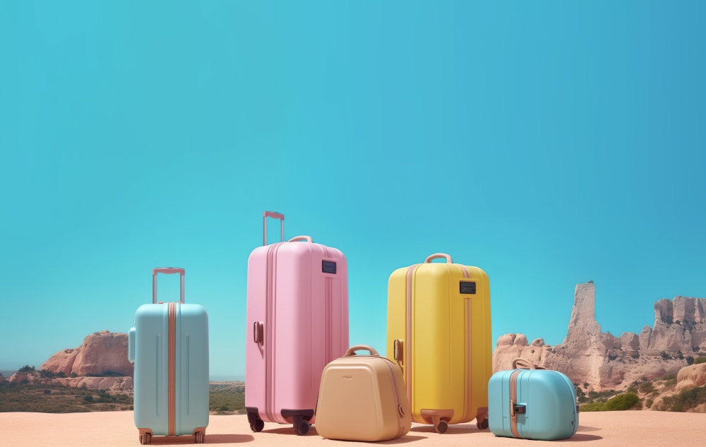 Different colorful suitcases on sand against mountains and sky background. Travel concept. Created with generative AI technology.