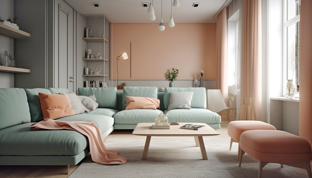 Interior design of modern pastel living room. Created with generative AI technology.
