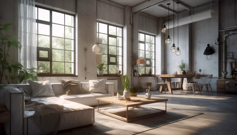 Industrial interior design of modern living room. Created with generative AI technology.