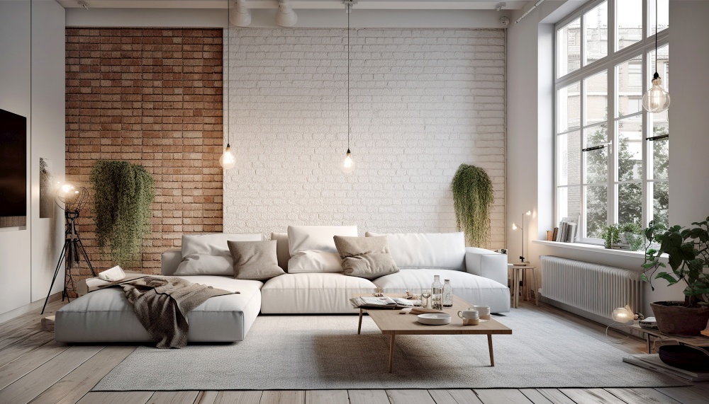 White sofa against brick wall. Interior design of modern living room. Created with generative AI technology.