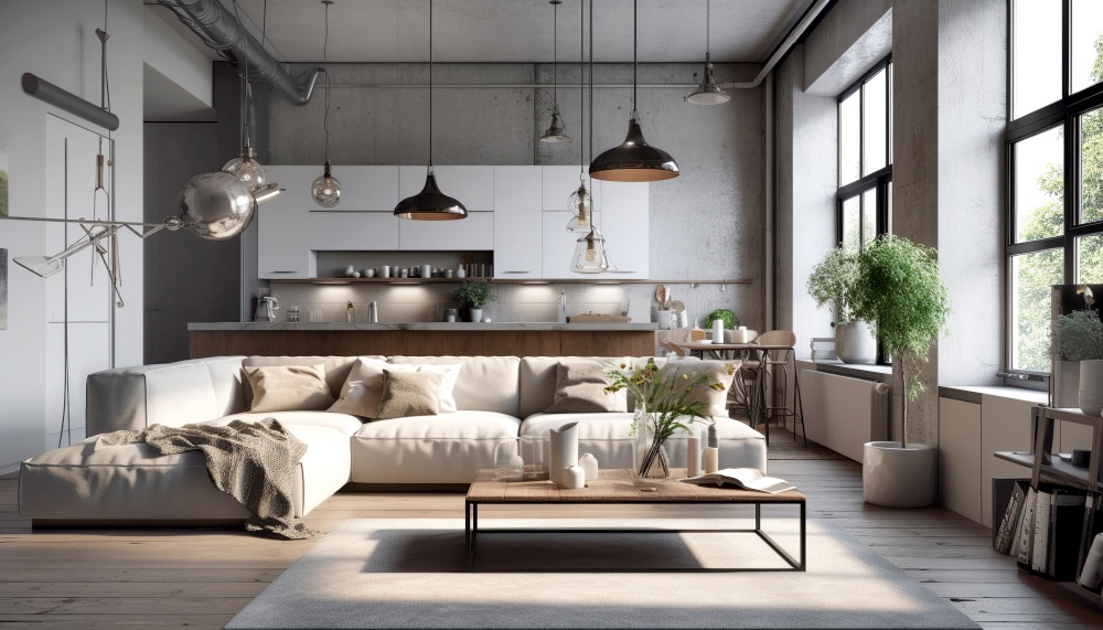 Loft studio apartment. Interior design of modern living room. Created with generative AI