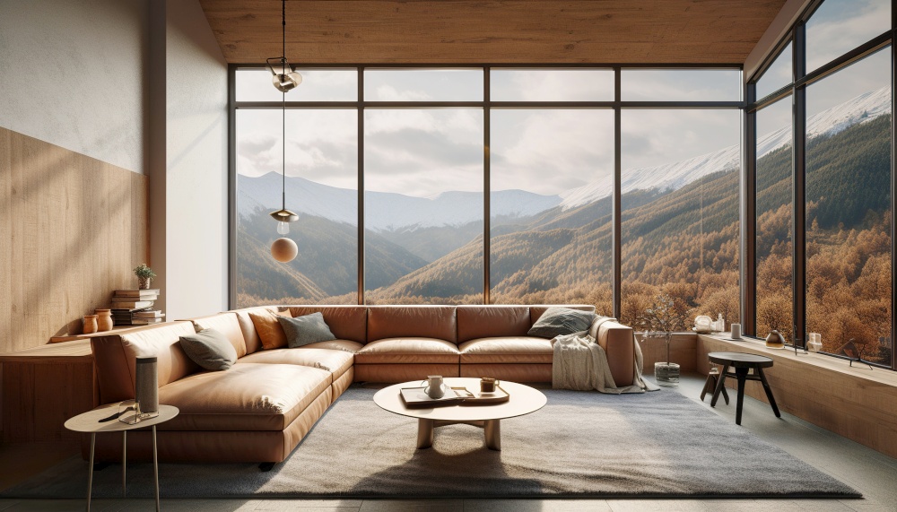 Room in chalet with mountain view. Interior design of modern living room. Created with generative AI technology.