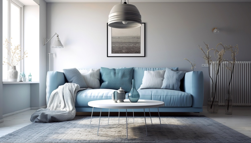 Blue sofa in scandinavian interior design of modern living room. Created with generative AI technology.