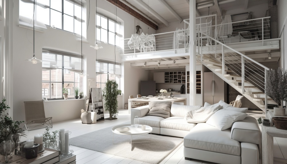 White loft interior design of modern living room. Created with generative AI technology.