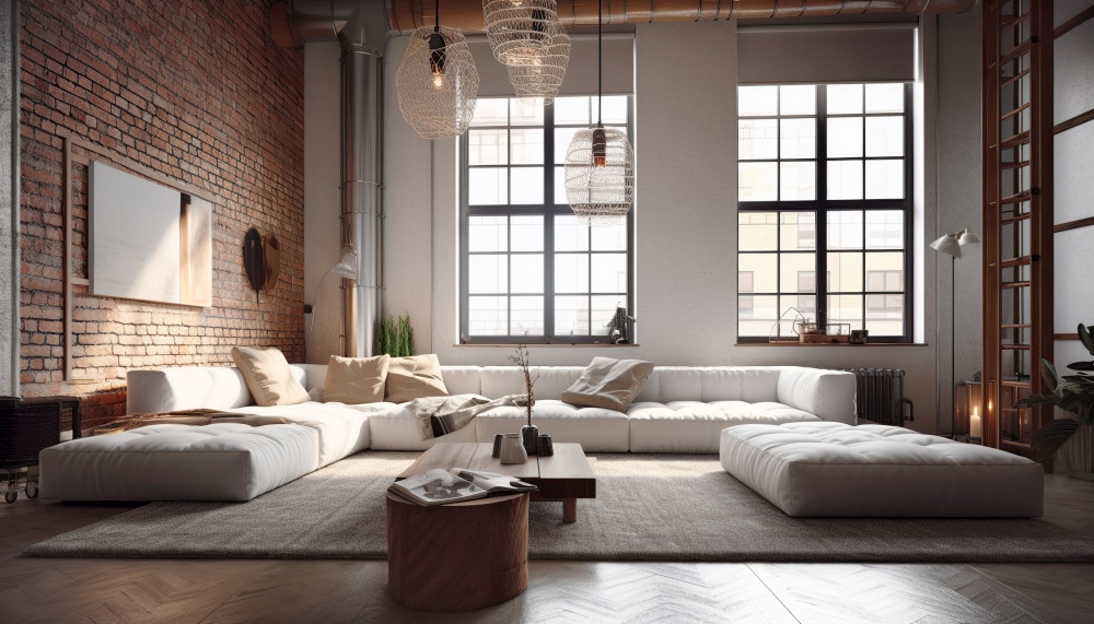 Brick wall in loft room. Home interior design with white sofa. Created with generative AI technology.