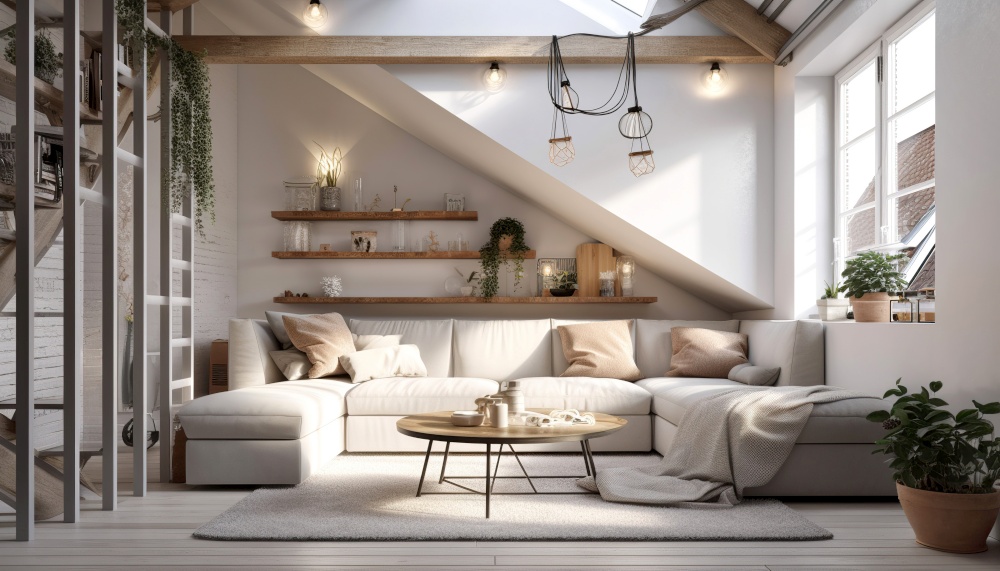 Interior design of modern attic living room. Created with generative AI technology.