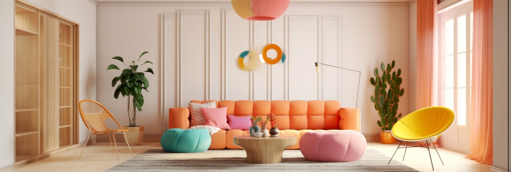 Vivid orange sofa. Interior design of pop art style colorful living room. Created with generative AI technology.