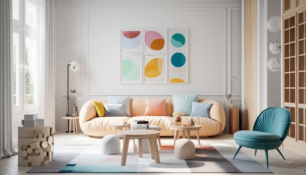 Interior design of pop art style colorful living room. Created with generative AI technology.