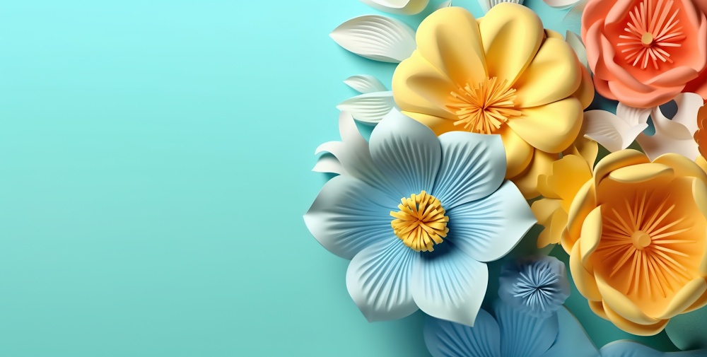 Flowers on turquoise backdrop with copy space. Floristic decoration. Natural floral background. Created with generative Ai technology.