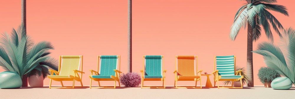 Multicolored beach chairs and palms. Summer vacation concept background. Created with generative Ai technology.