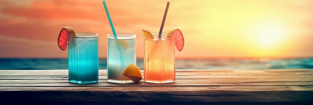 Glasses with different cocktails on the beach. Summer vacation concept background. Created with generative Ai technology.