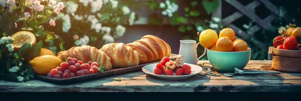 Tasty sweet breakfast on wooden table in garden. Summer background. Created with generative Ai technology.