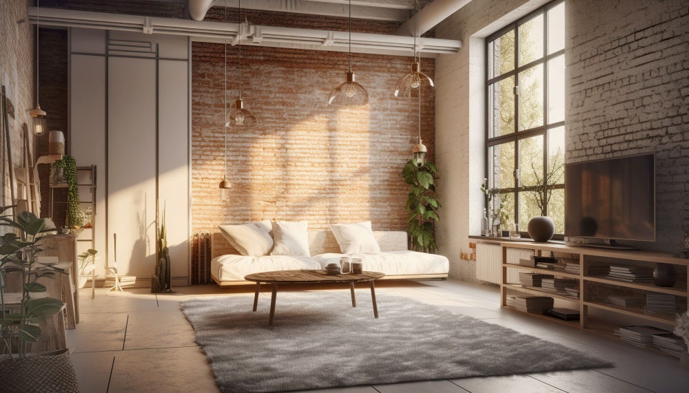 Brick wall in loft. Interior design of modern living room. Created with generative AI technology.