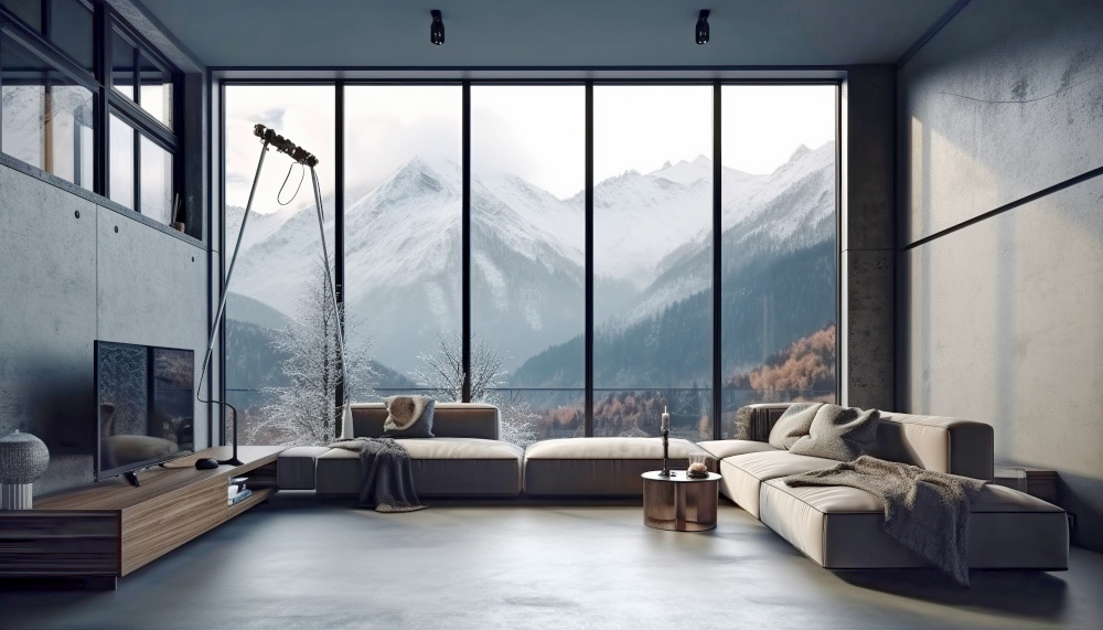 Chalet with mountain view. Interior design of modern living room. Created with generative AI technology.