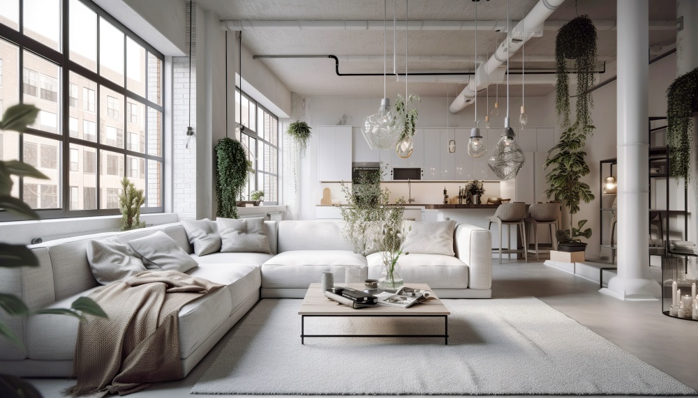 White kitchen in loft studio apartment. Interior design of modern living room. Created with generative AI technology.