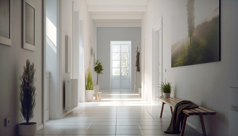 Interior design of modern entrance hall with door. Created with generative AI technology.
