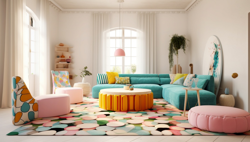 Colorful furniture pieces in house. Interior design of pop art style colorful living room. Created with generative AI technology.