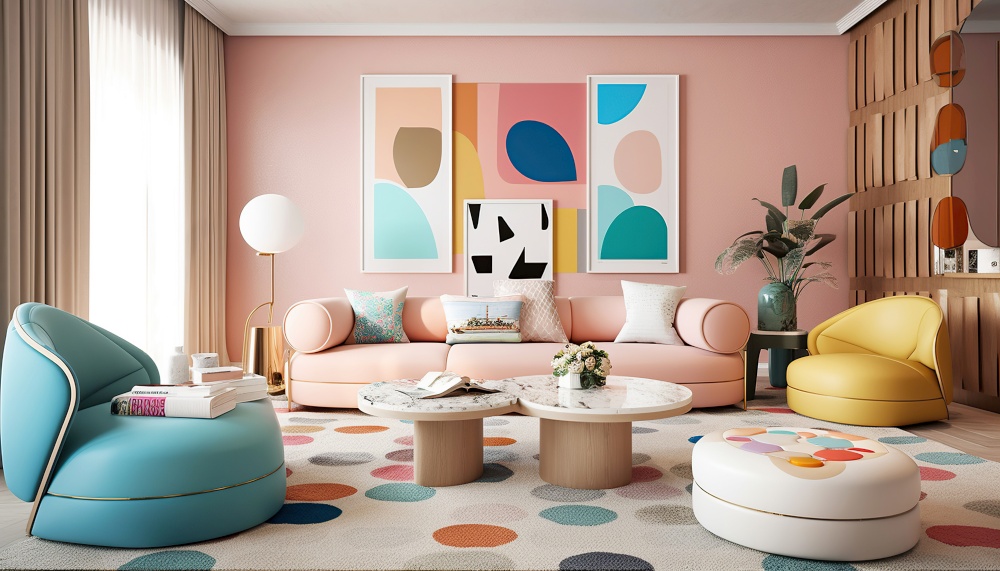 Colorful sofa and armchairs in house. Interior design of pop art style colorful living room. Created with generative AI technology.