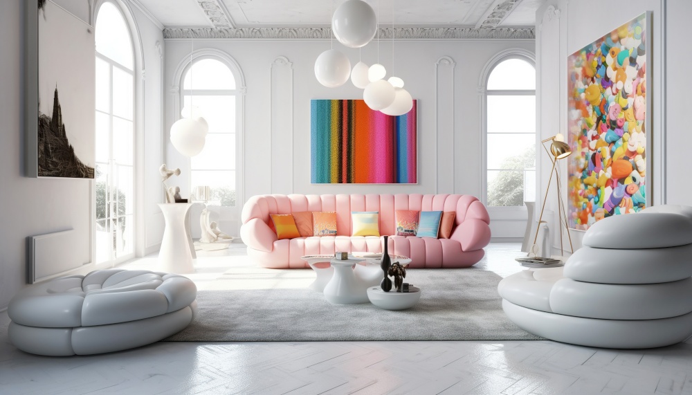 Pink sofa in white minimalist room. Interior design of pop art style colorful living room. Created with generative AI technology.