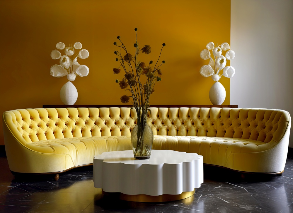 Vibrant tufted round yellow sofa and white coffee table. Interior design of modern living room. Created with generative AI technology.