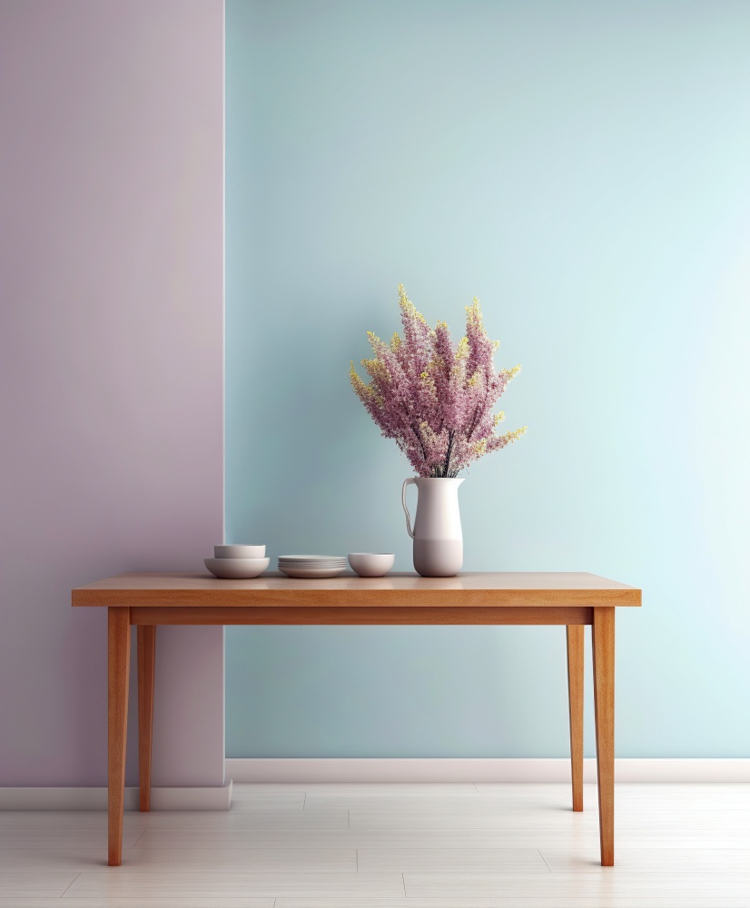 Wooden table with flowers in vase over blue and pink wall background. Interior design of modern living room. Created with generative AI technology.